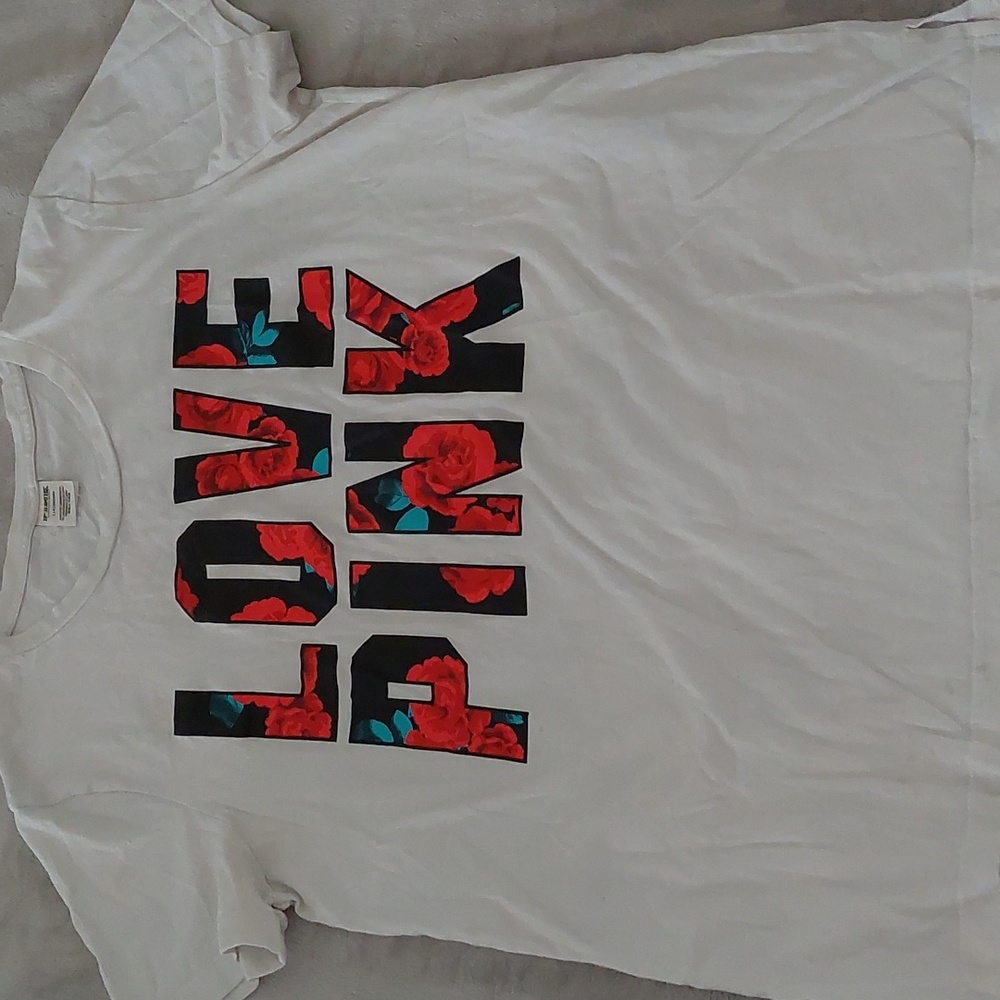 Victoria's Secret "Pink" white, red/black floral graphic tee. Never worn.